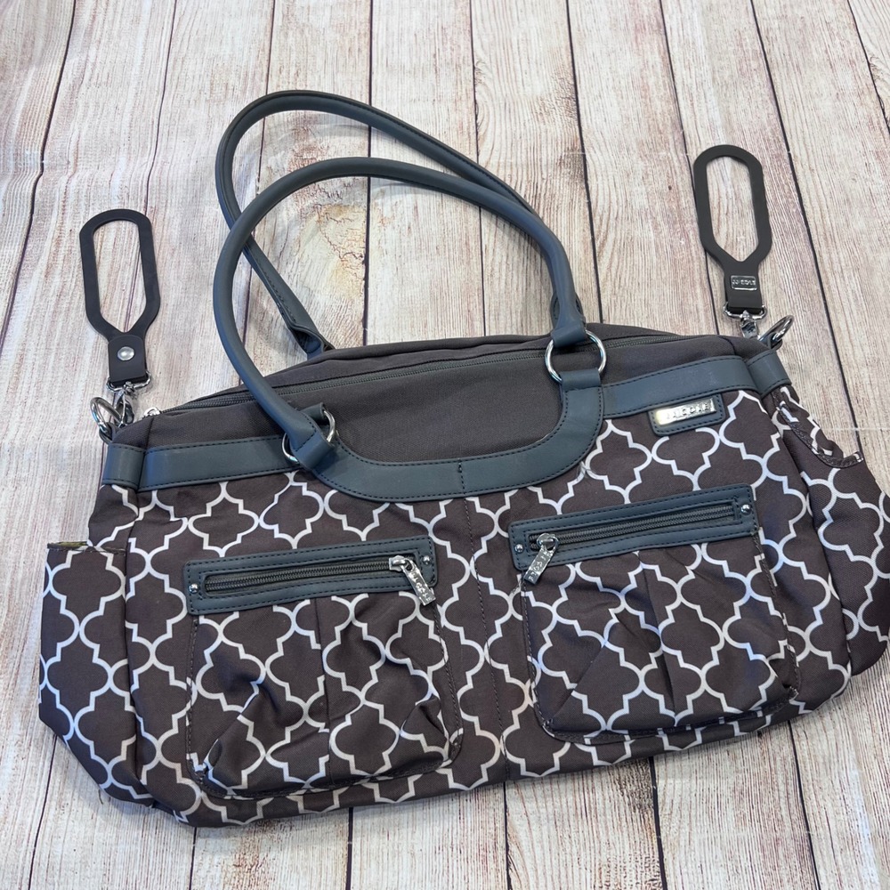 JJ Cole Satchel Diaper Bag Gray White Quatrefoil Trellis Stroller Straps Large